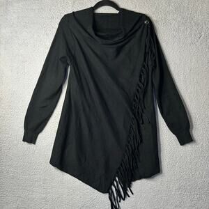 Womens Shawl Sweater S Black Long Sleeve‎ Fringe Cowl Neck Wrap Sweater